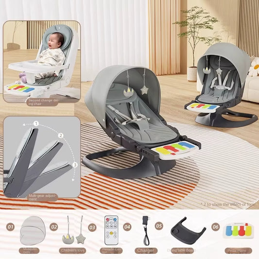 Transform Nap Time with Our Cozy Electric Baby Rocking Chair – Complete with Wireless Dinner Plate & Mosquito Net for Ultimate Comfort! 🍼✨